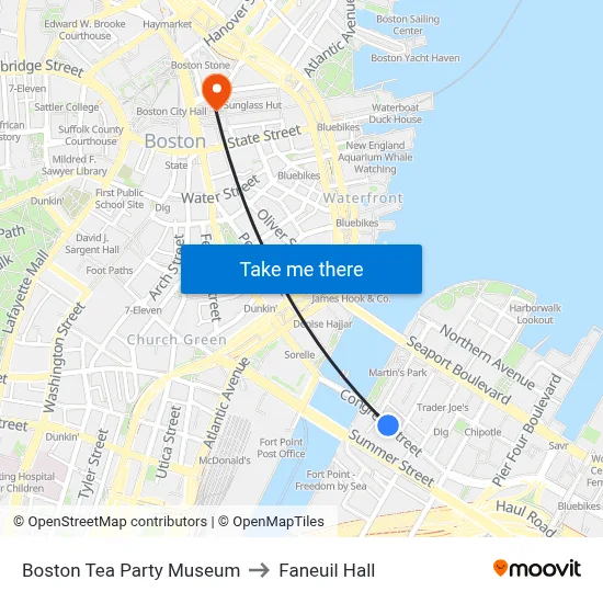 Boston Tea Party Museum to Faneuil Hall map
