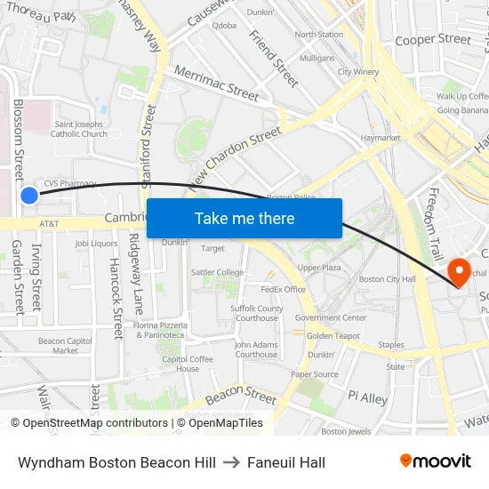 Wyndham Boston Beacon Hill to Faneuil Hall map
