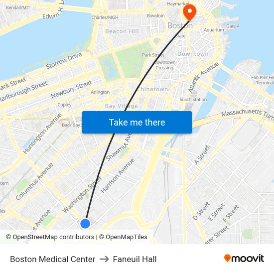 Boston Medical Center to Faneuil Hall map