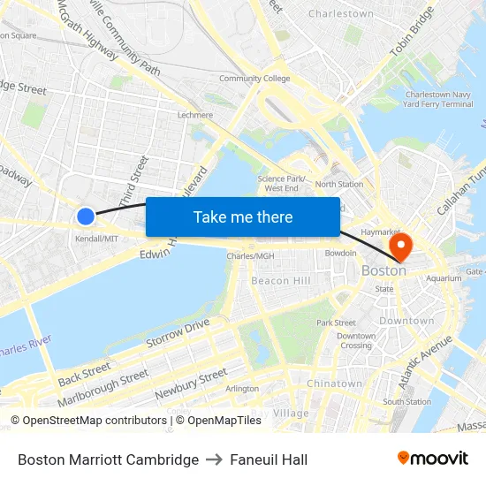 Boston Marriott Cambridge to Faneuil Hall map
