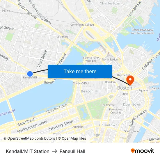 Kendall/MIT Station to Faneuil Hall map