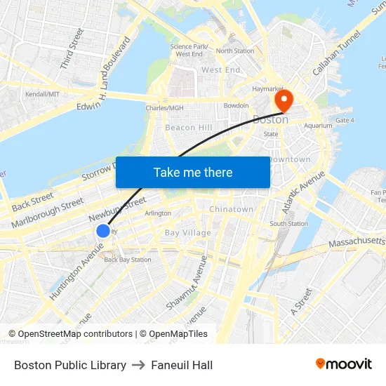 Boston Public Library to Faneuil Hall map