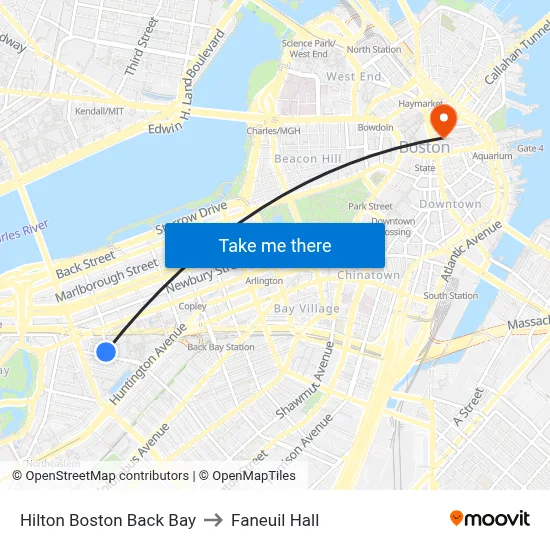 Hilton Boston Back Bay to Faneuil Hall map