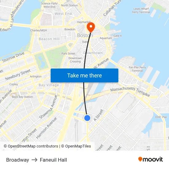 Broadway to Faneuil Hall map