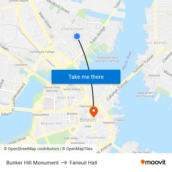 Bunker Hill Monument to Faneuil Hall map