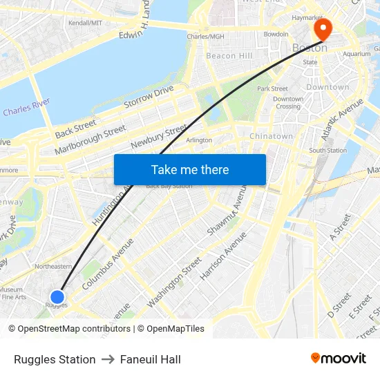Ruggles Station to Faneuil Hall map