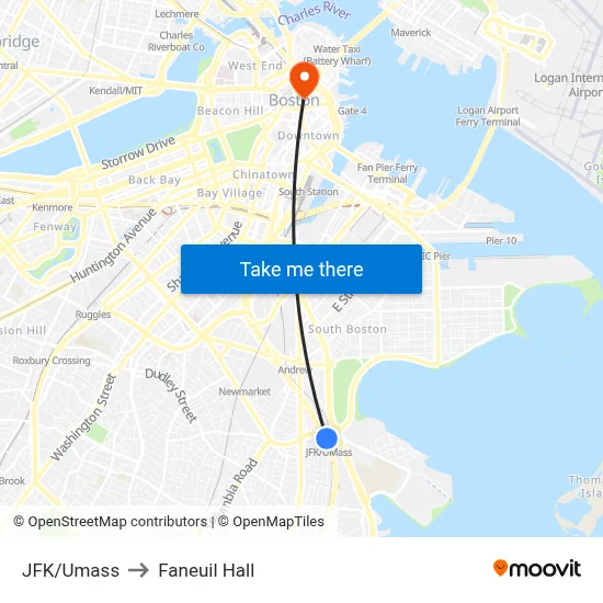 JFK/Umass to Faneuil Hall map
