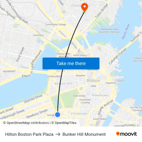 Hilton Boston Park Plaza to Bunker Hill Monument map