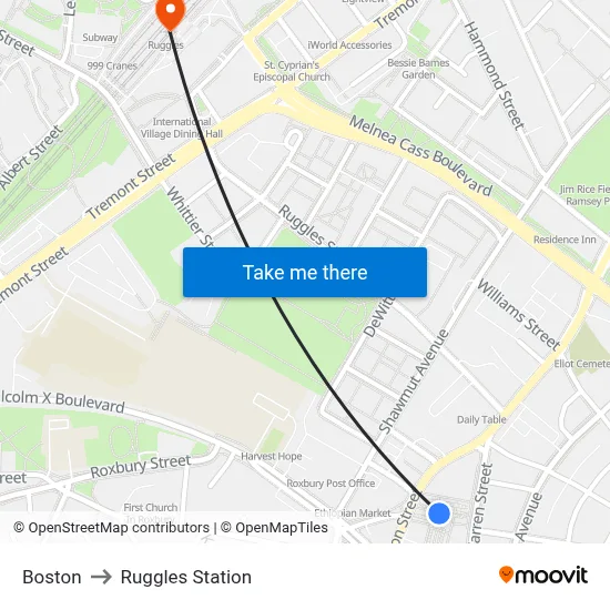 Boston to Ruggles Station map