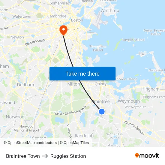 Braintree Town to Ruggles Station map