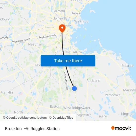 Brockton to Ruggles Station map