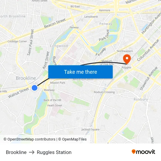 Brookline to Ruggles Station map