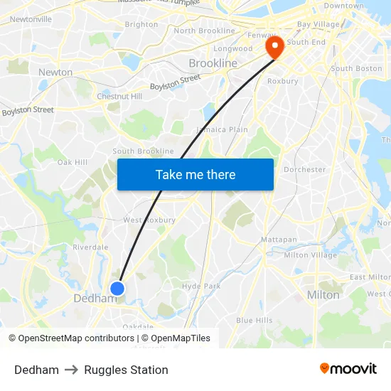 Dedham to Ruggles Station map