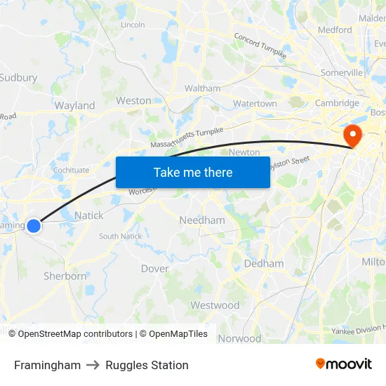 Framingham to Ruggles Station map