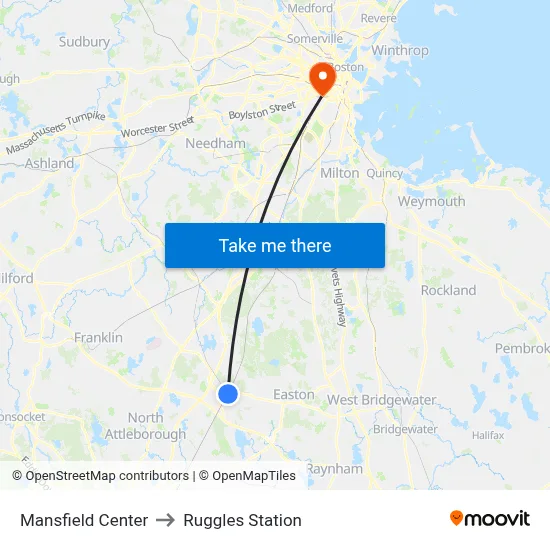 Mansfield Center to Ruggles Station map