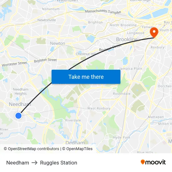 Needham to Ruggles Station map