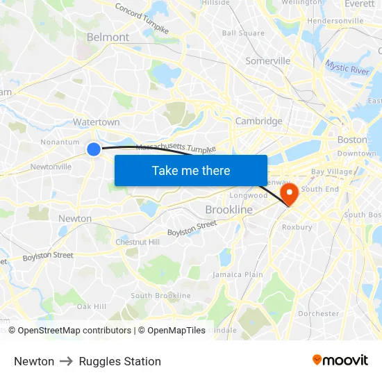 Newton to Ruggles Station map