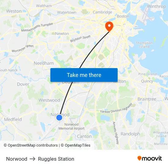 Norwood to Ruggles Station map