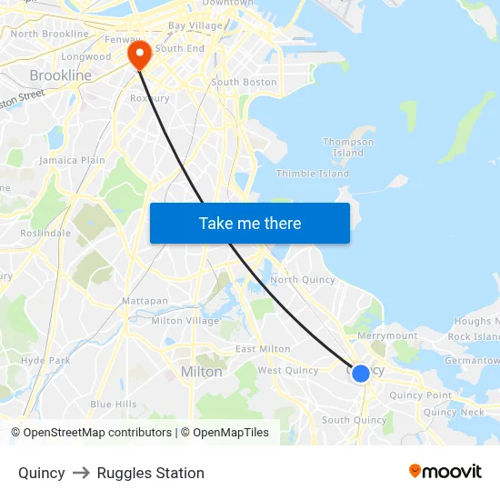 Quincy to Ruggles Station map