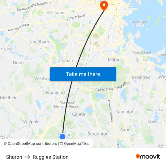Sharon to Ruggles Station map