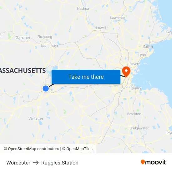 Worcester to Ruggles Station map