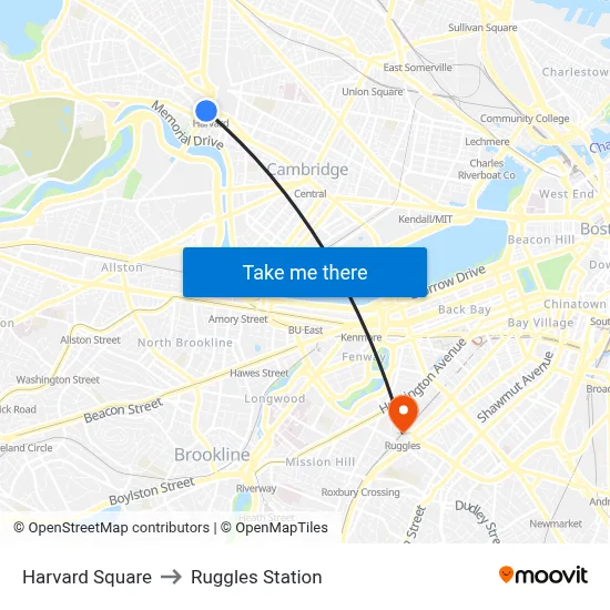 Harvard Square to Ruggles Station map