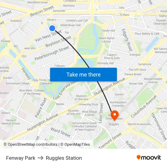 Fenway Park to Ruggles Station map