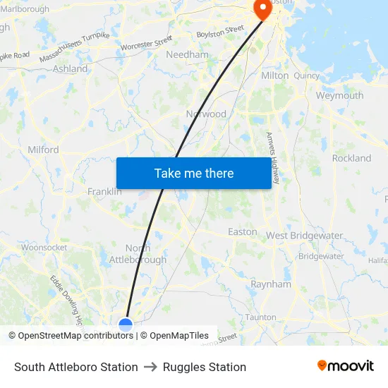 South Attleboro Station to Ruggles Station map