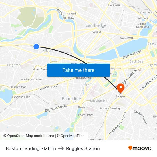 Boston Landing Station to Ruggles Station map