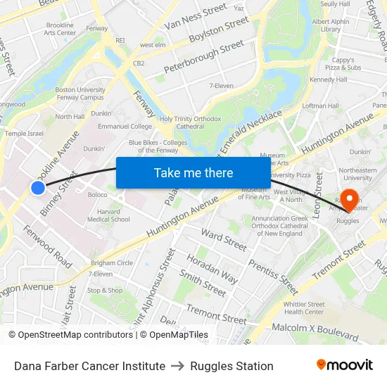 Dana Farber Cancer Institute to Ruggles Station map