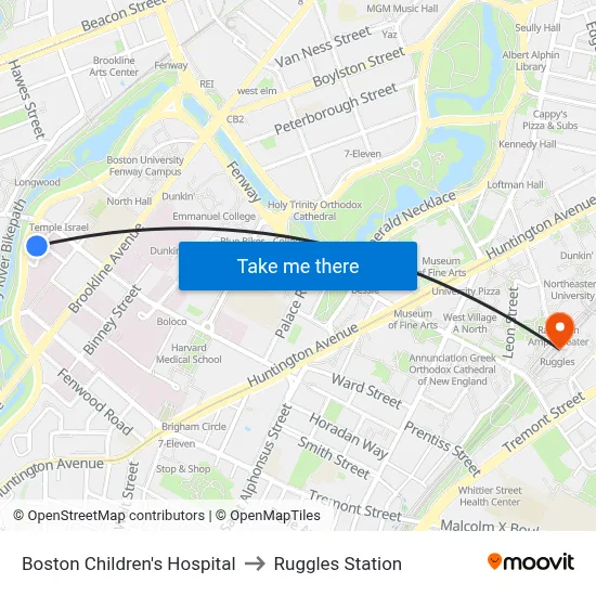Boston Children's Hospital to Ruggles Station map