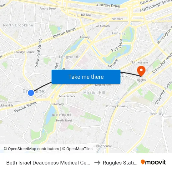 Beth Israel Deaconess Medical Center to Ruggles Station map