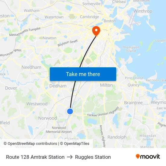 Route 128 Amtrak Station to Ruggles Station map