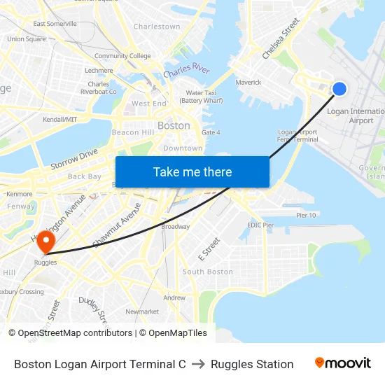 Boston Logan Airport Terminal C to Ruggles Station map