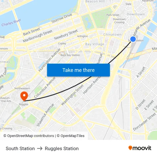 South Station to Ruggles Station map