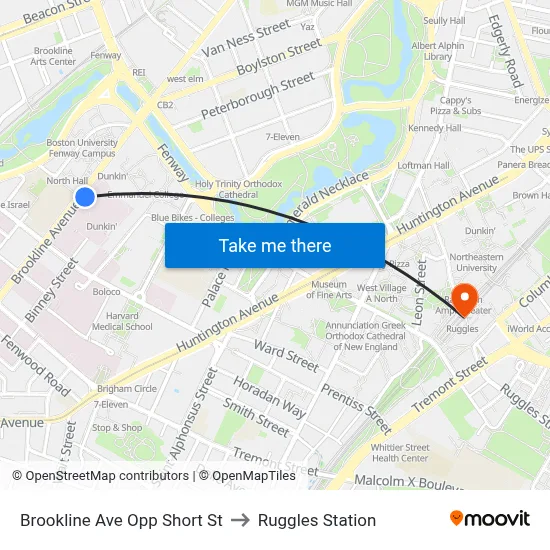 Brookline Ave Opp Short St to Ruggles Station map