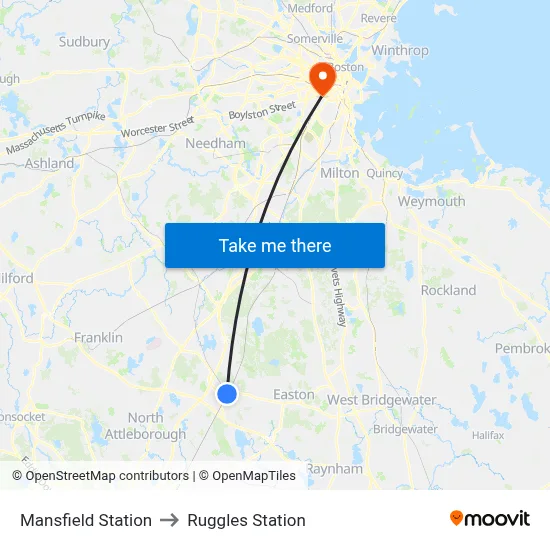 Mansfield Station to Ruggles Station map