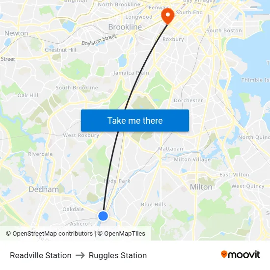Readville Station to Ruggles Station map