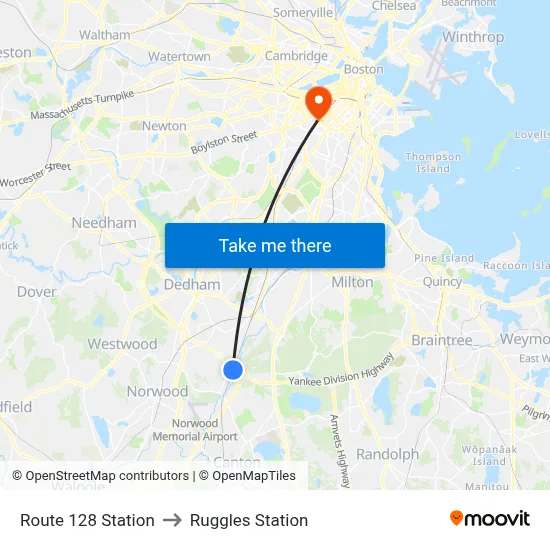 Route 128 Station to Ruggles Station map