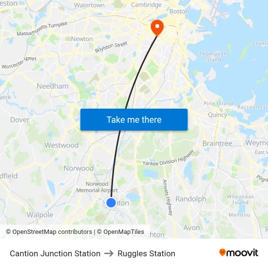 Cantion Junction Station to Ruggles Station map