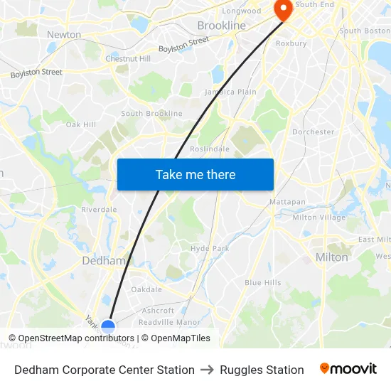 Dedham Corporate Center Station to Ruggles Station map