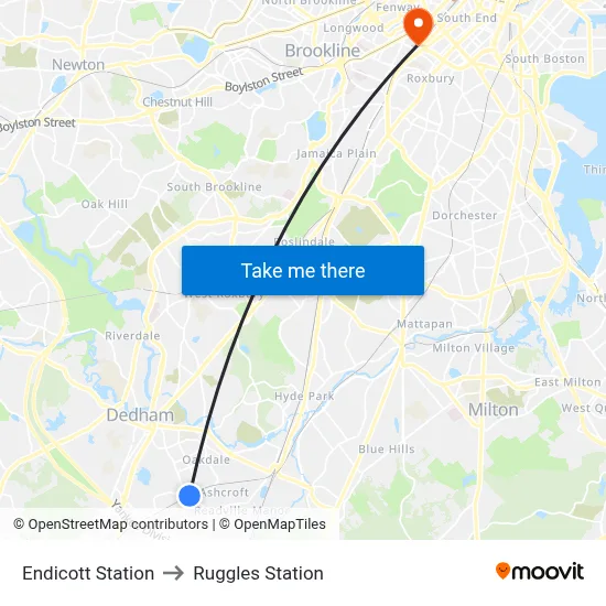 Endicott Station to Ruggles Station map