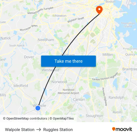 Walpole Station to Ruggles Station map