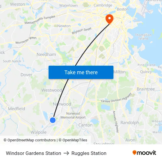 Windsor Gardens Station to Ruggles Station map