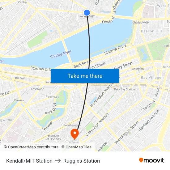 Kendall/MIT Station to Ruggles Station map