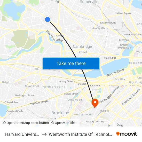 Harvard University to Wentworth Institute Of Technology map