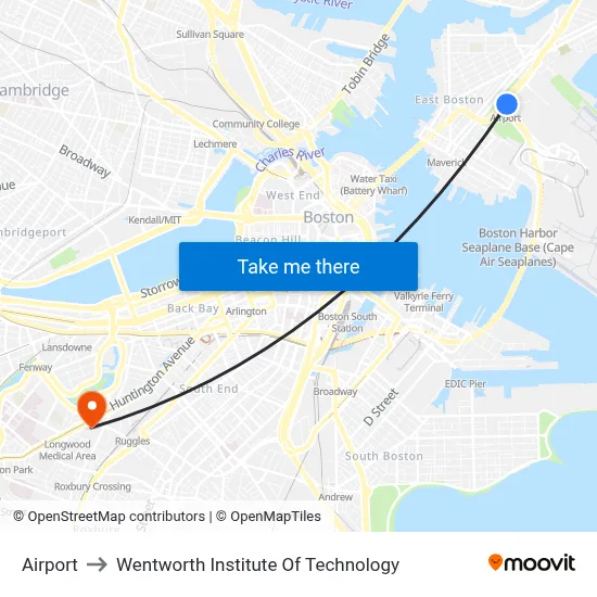 Airport to Wentworth Institute Of Technology map