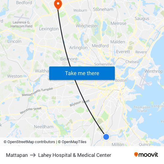 Mattapan to Lahey Hospital & Medical Center map