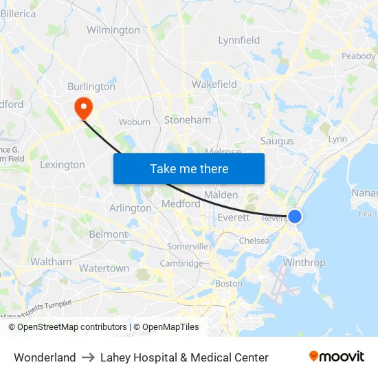 Wonderland to Lahey Hospital & Medical Center map