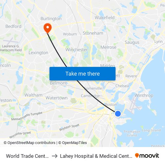 World Trade Center to Lahey Hospital & Medical Center map